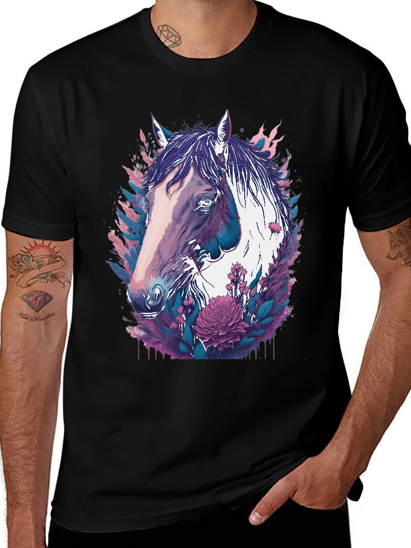 Horse & Floral Graphic Black T-Shirt