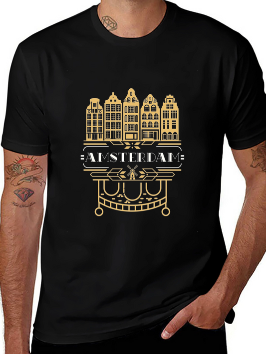 Amsterdam Cityscape Graphic Tee - Black Cotton T-Shirt