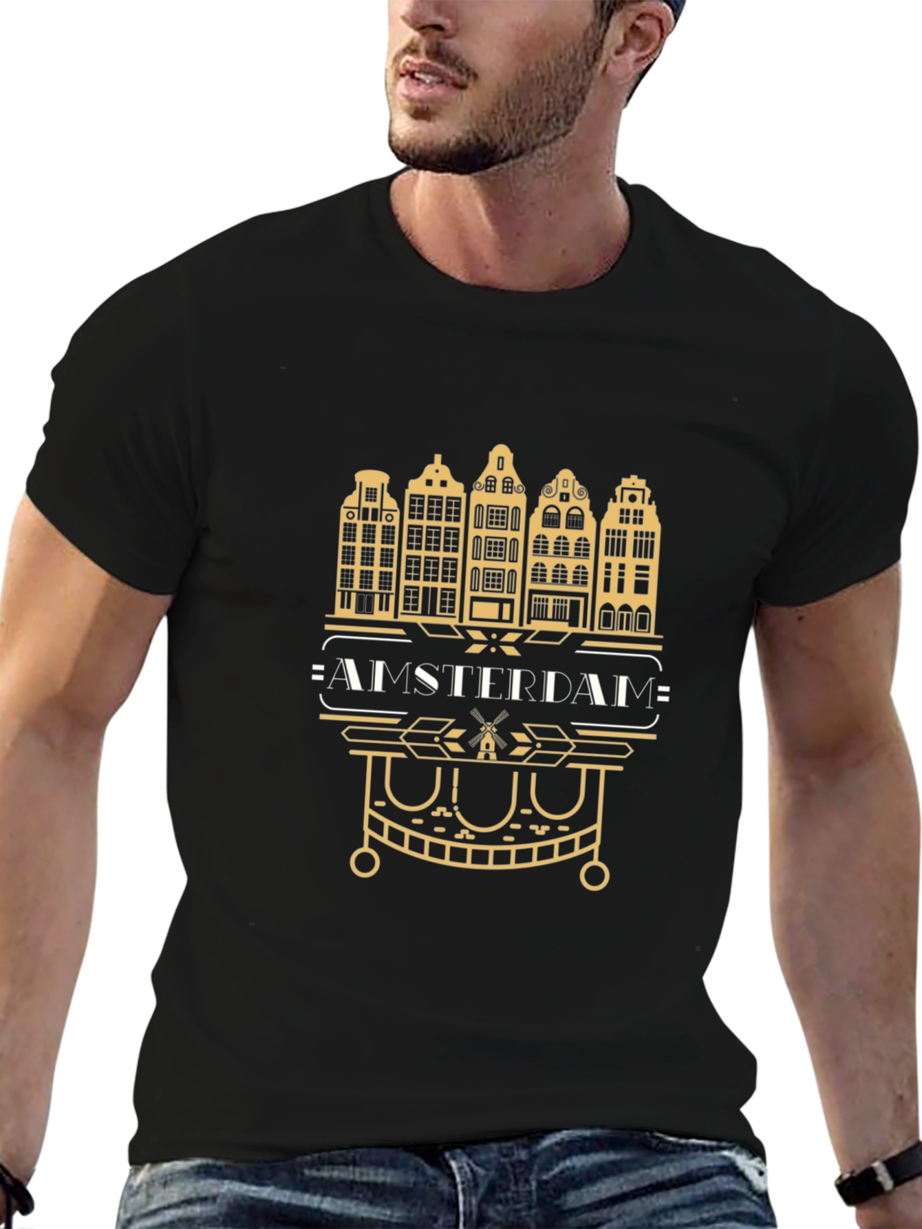 Amsterdam Cityscape Graphic Tee - Black Cotton T-Shirt