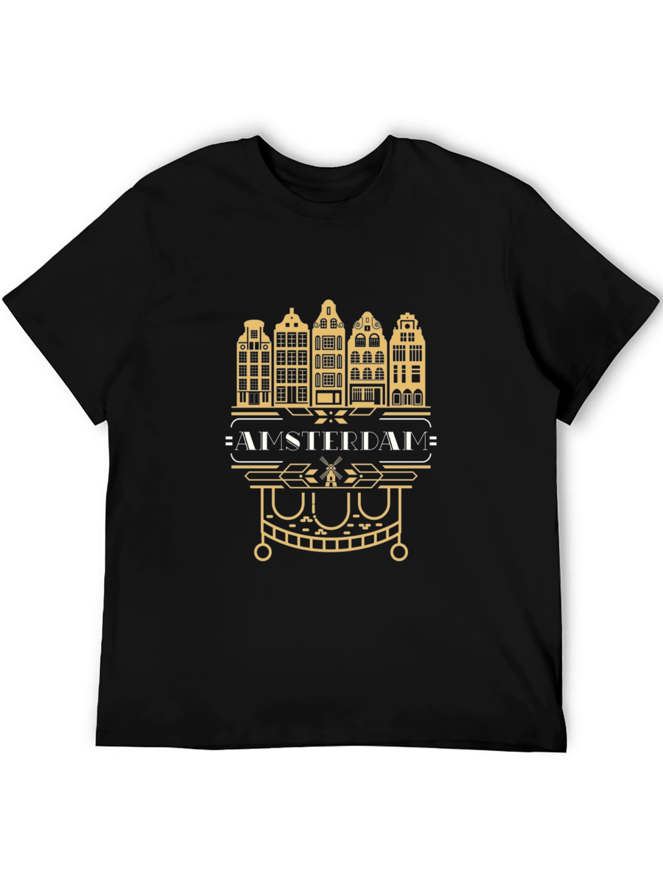 Amsterdam Cityscape Graphic Tee - Black Cotton T-Shirt