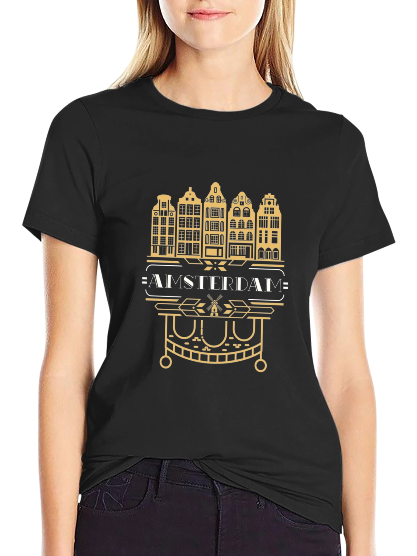 Amsterdam Cityscape Graphic Tee - Black Cotton T-Shirt