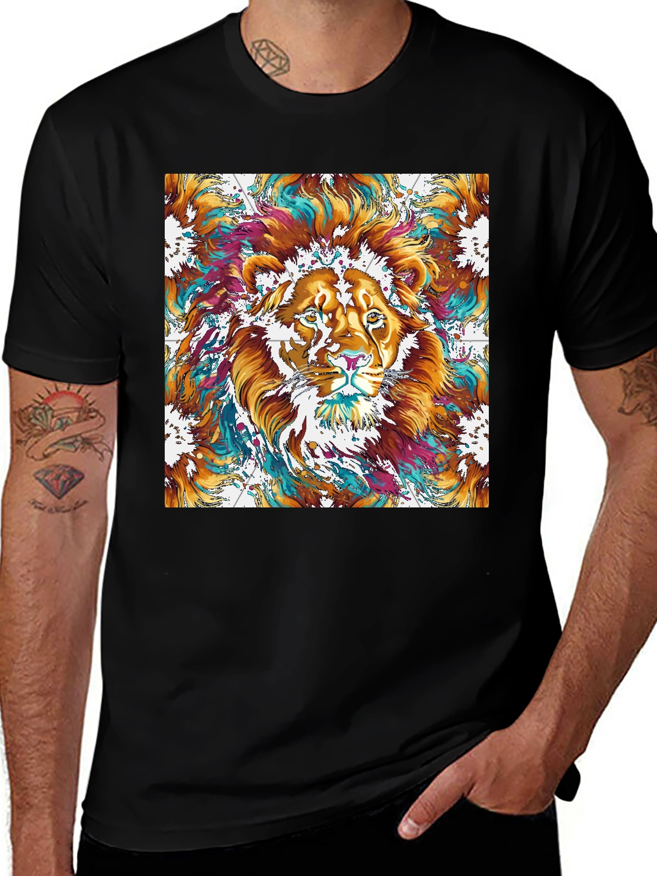 Lion Art Graphic Print Black T-Shirt