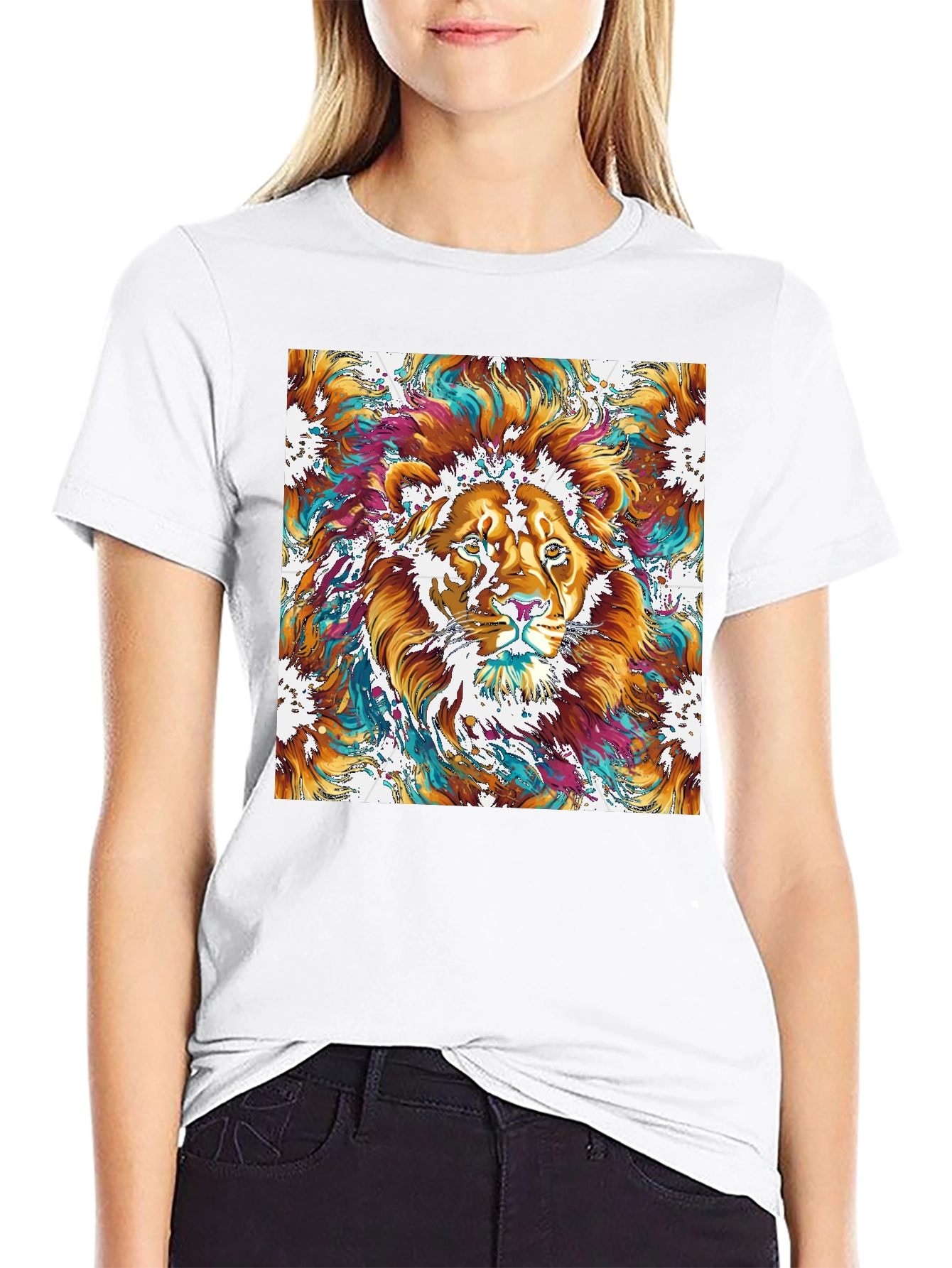 Lion Art Graphic Print Black T-Shirt