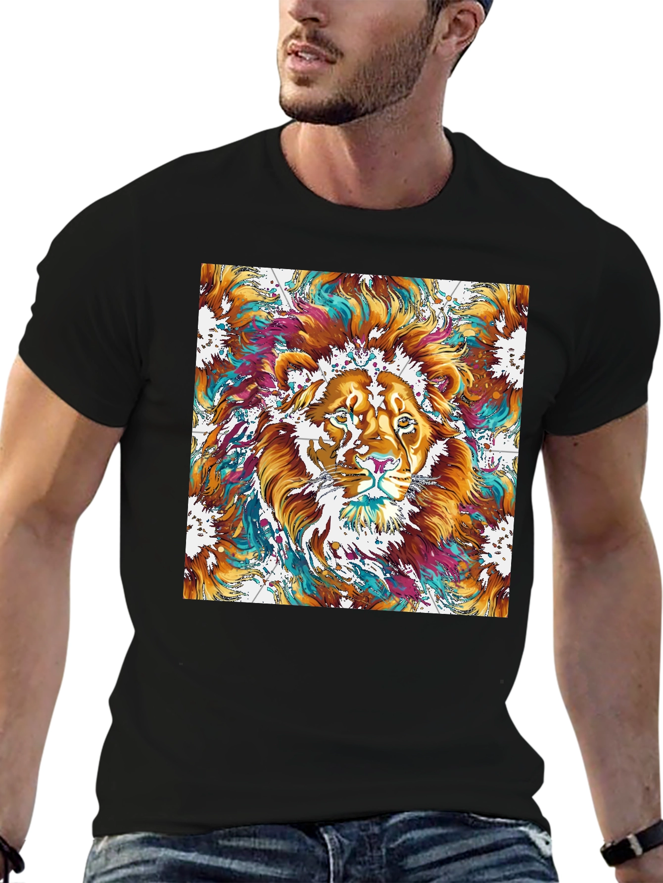Lion Art Graphic Print Black T-Shirt