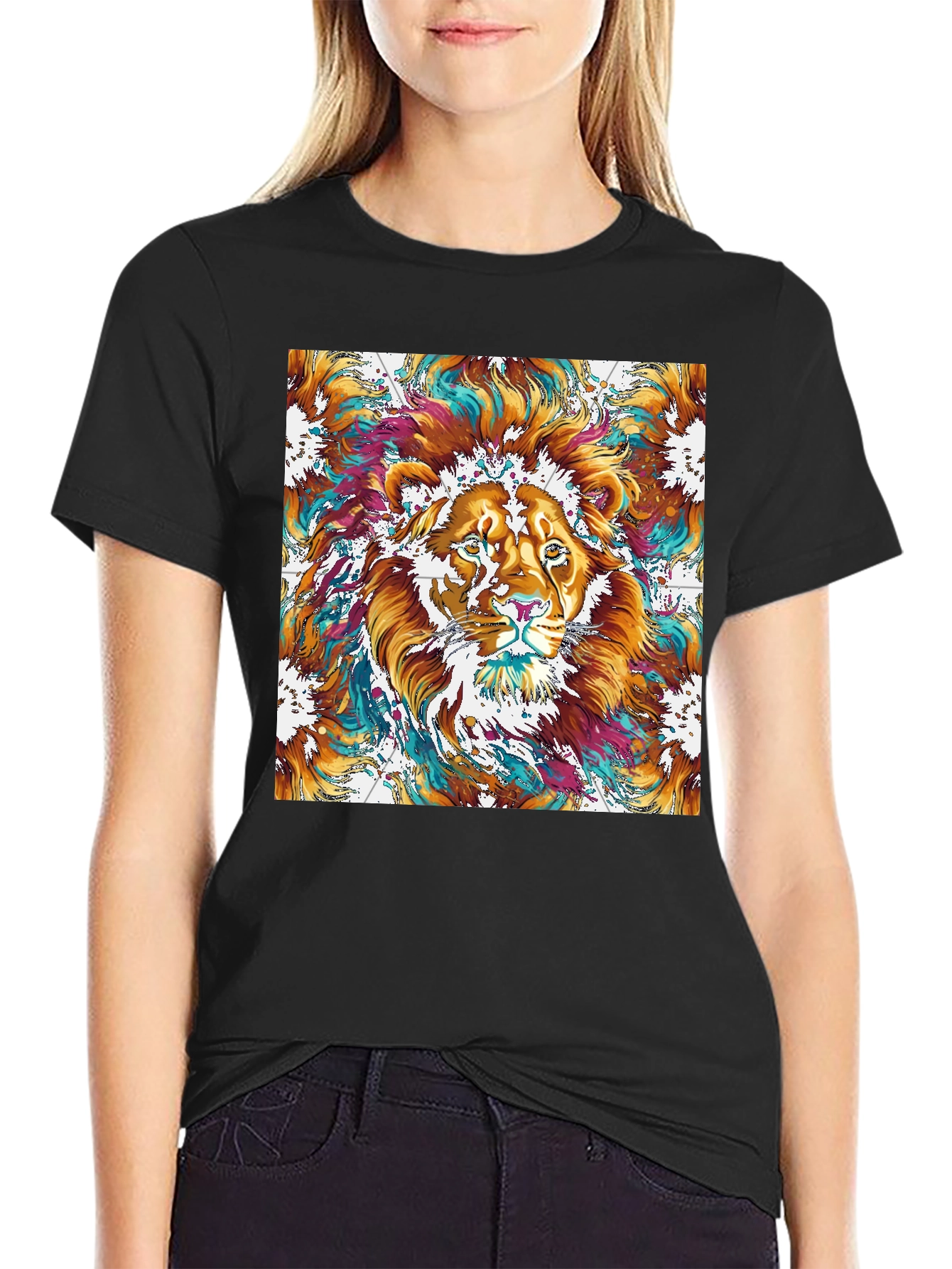 Lion Art Graphic Print Black T-Shirt