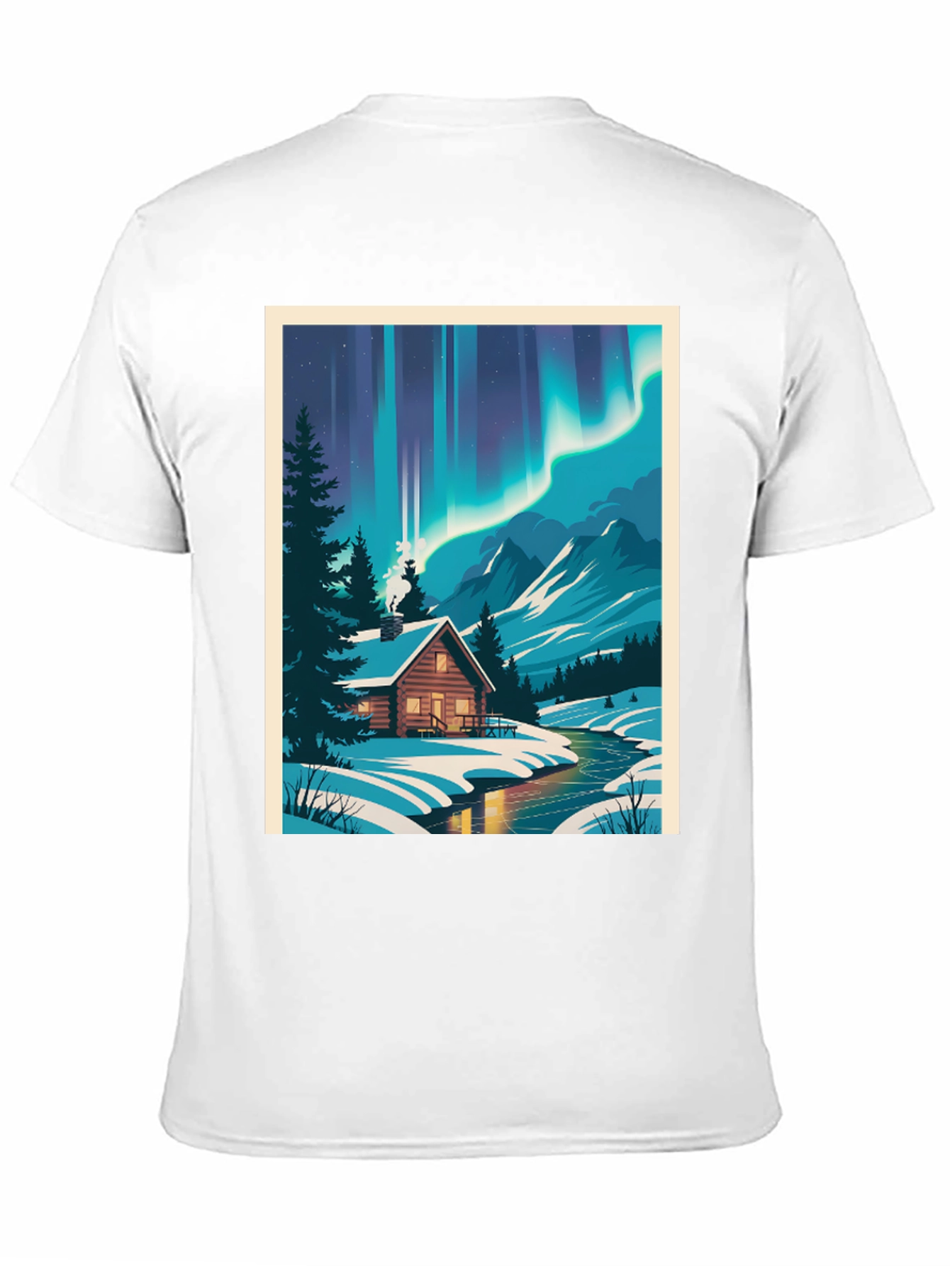 Cabin Under Aurora T-Shirt - Winter Scene Tee