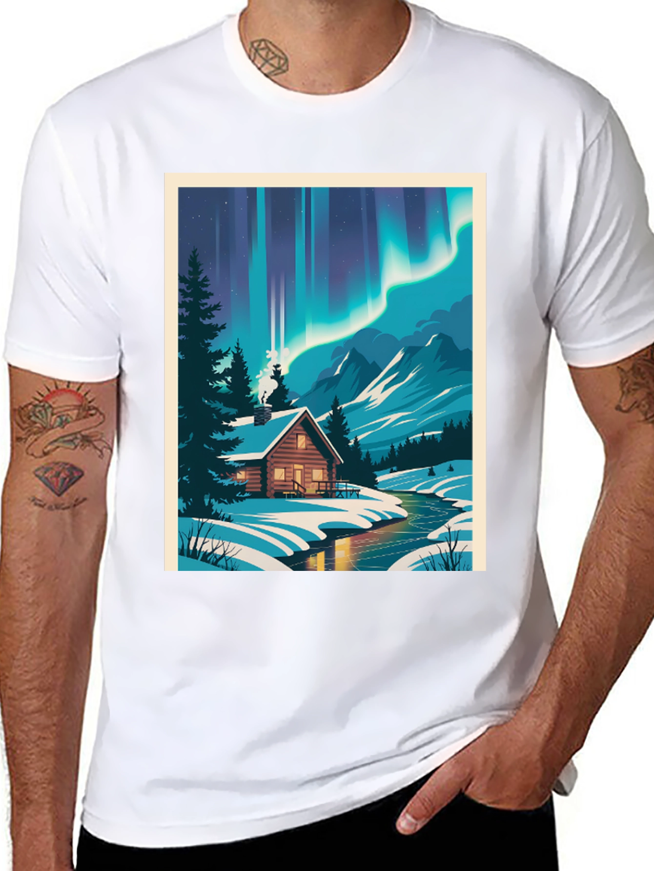 Cabin Under Aurora T-Shirt - Winter Scene Tee