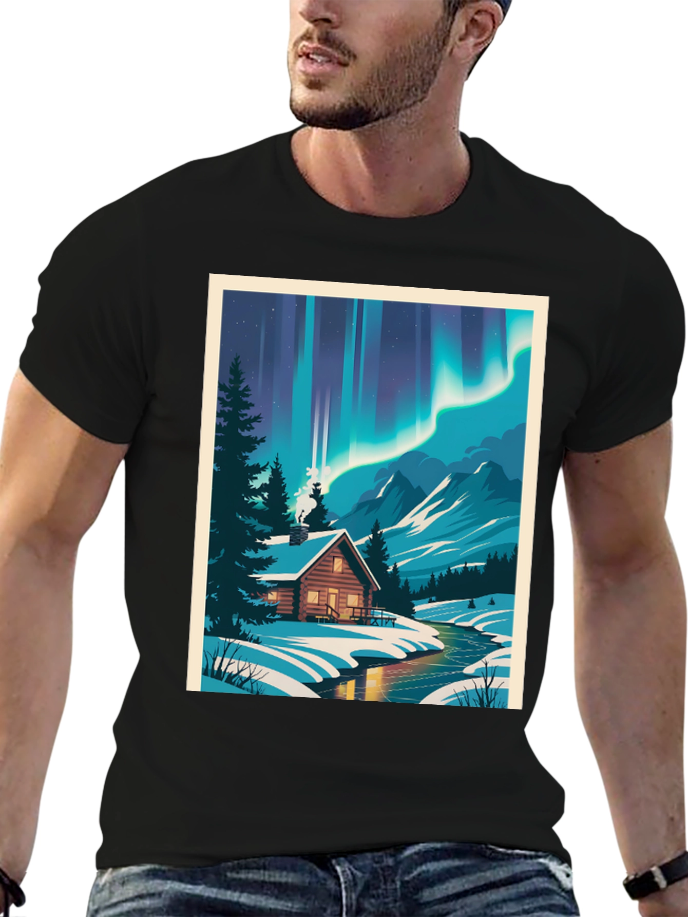 Cabin Under Aurora T-Shirt - Winter Scene Tee