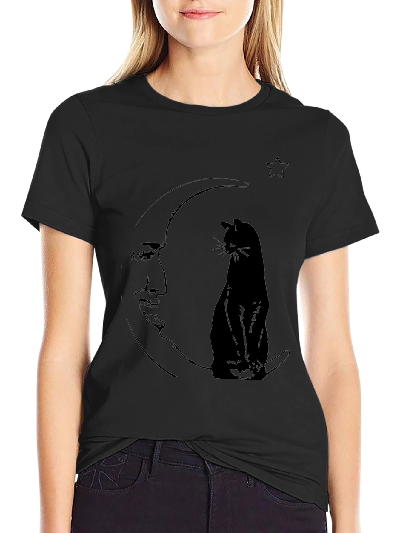 Moon Cat Graphic Tee - Black Cotton Comfort