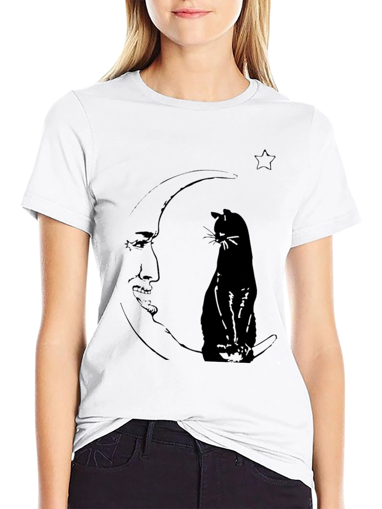 Moon Cat Graphic Tee - Black Cotton Comfort