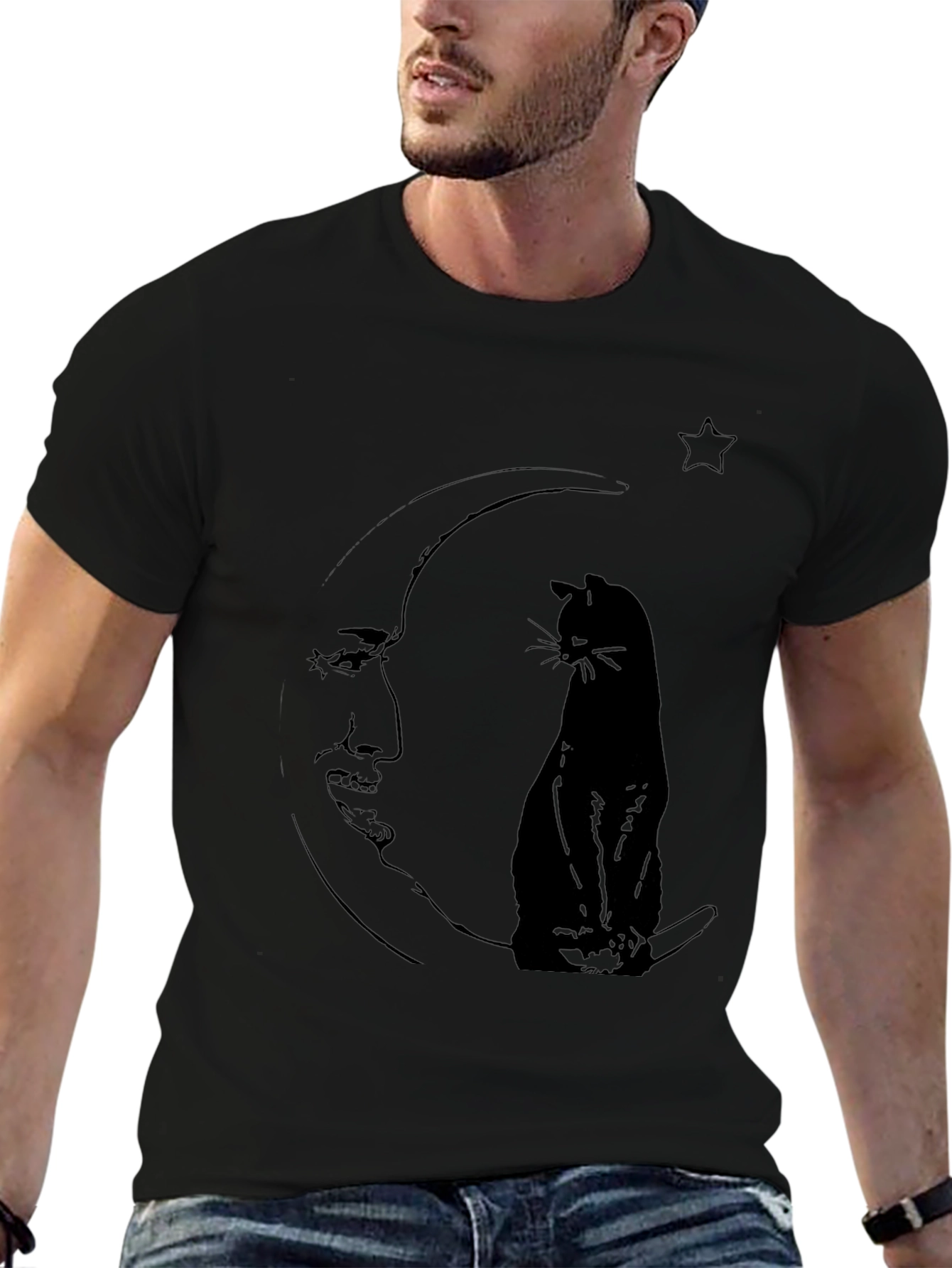 Moon Cat Graphic Tee - Black Cotton Comfort