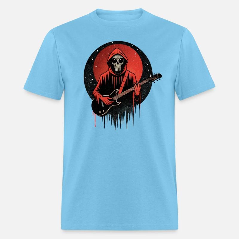 Mysterious skull playing electric guitar.