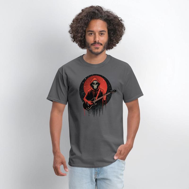 Mysterious skull playing electric guitar.