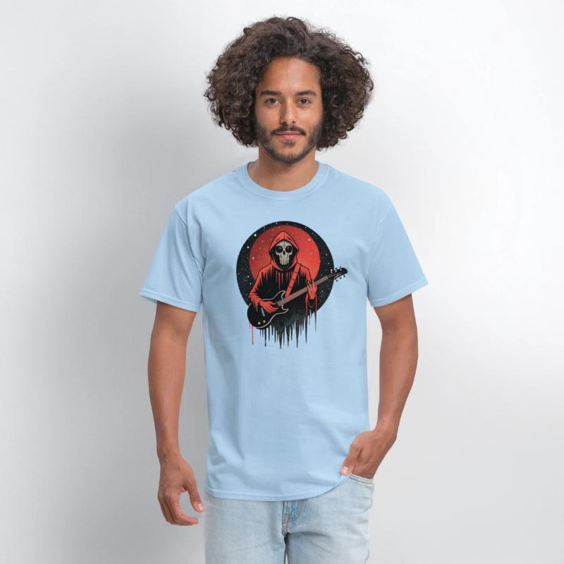 Mysterious skull playing electric guitar.