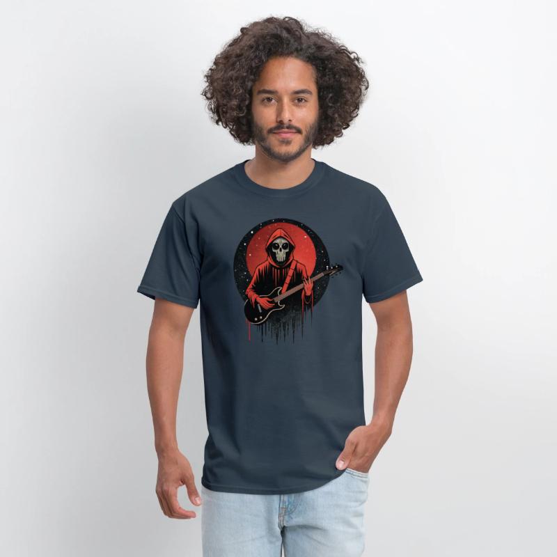 Mysterious skull playing electric guitar.