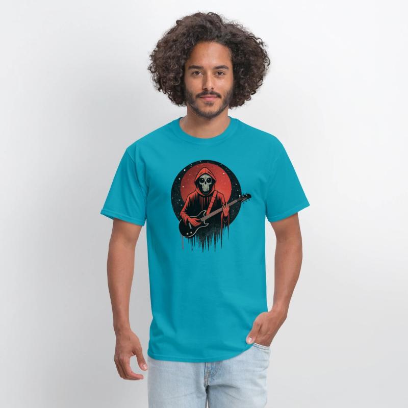 Mysterious skull playing electric guitar.