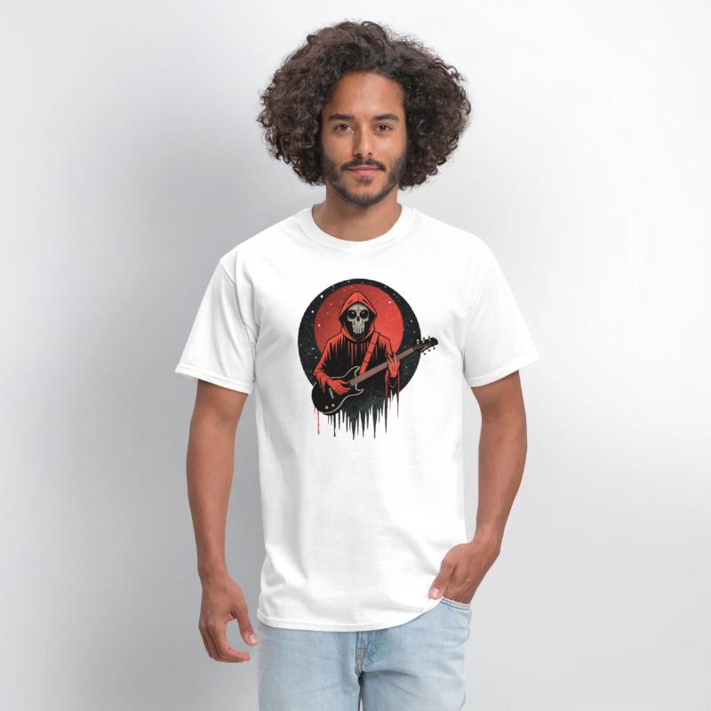 Mysterious skull playing electric guitar.