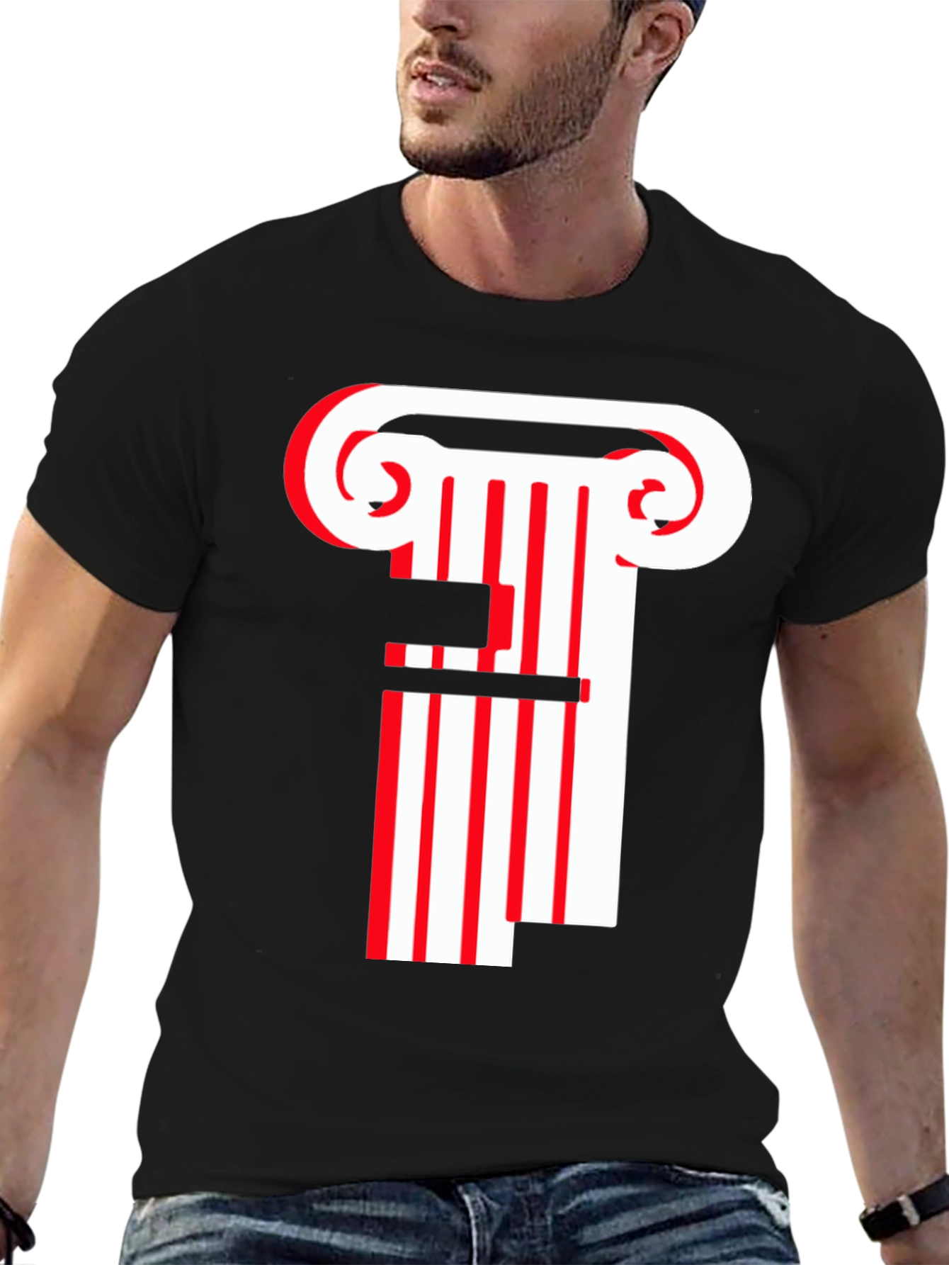 Striped Column Graphic T-Shirt - Black