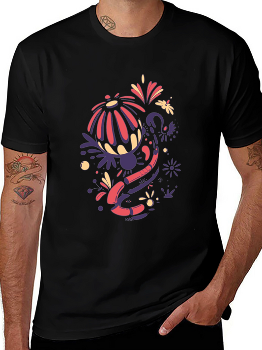 Abstract Floral Design Black T-Shirt