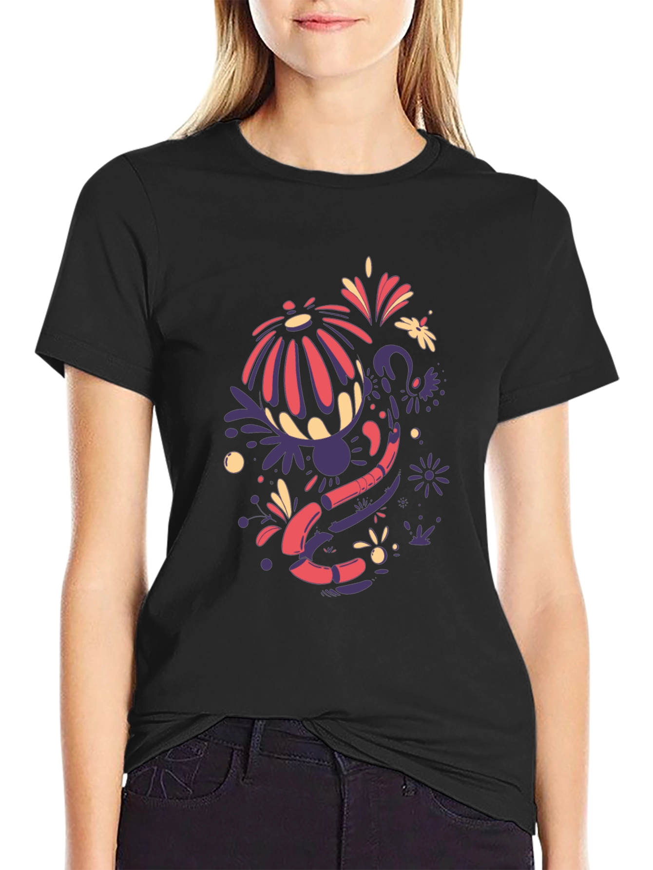 Abstract Floral Design Black T-Shirt