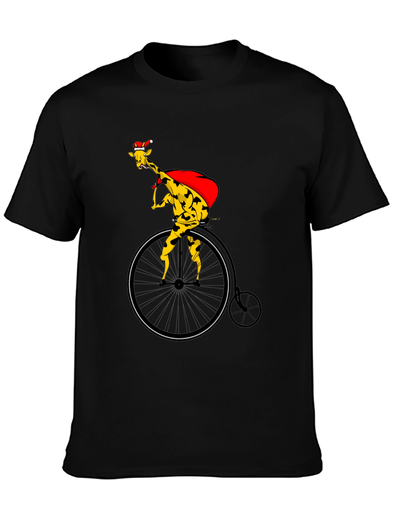 Giraffe Santa on Bike Graphic Tee - Black