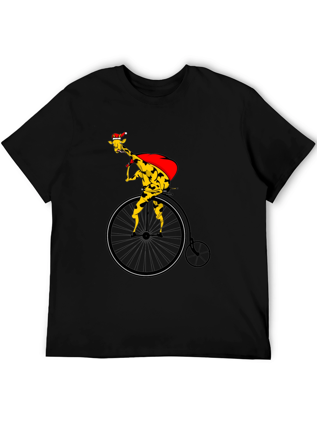 Giraffe Santa on Bike Graphic Tee - Black