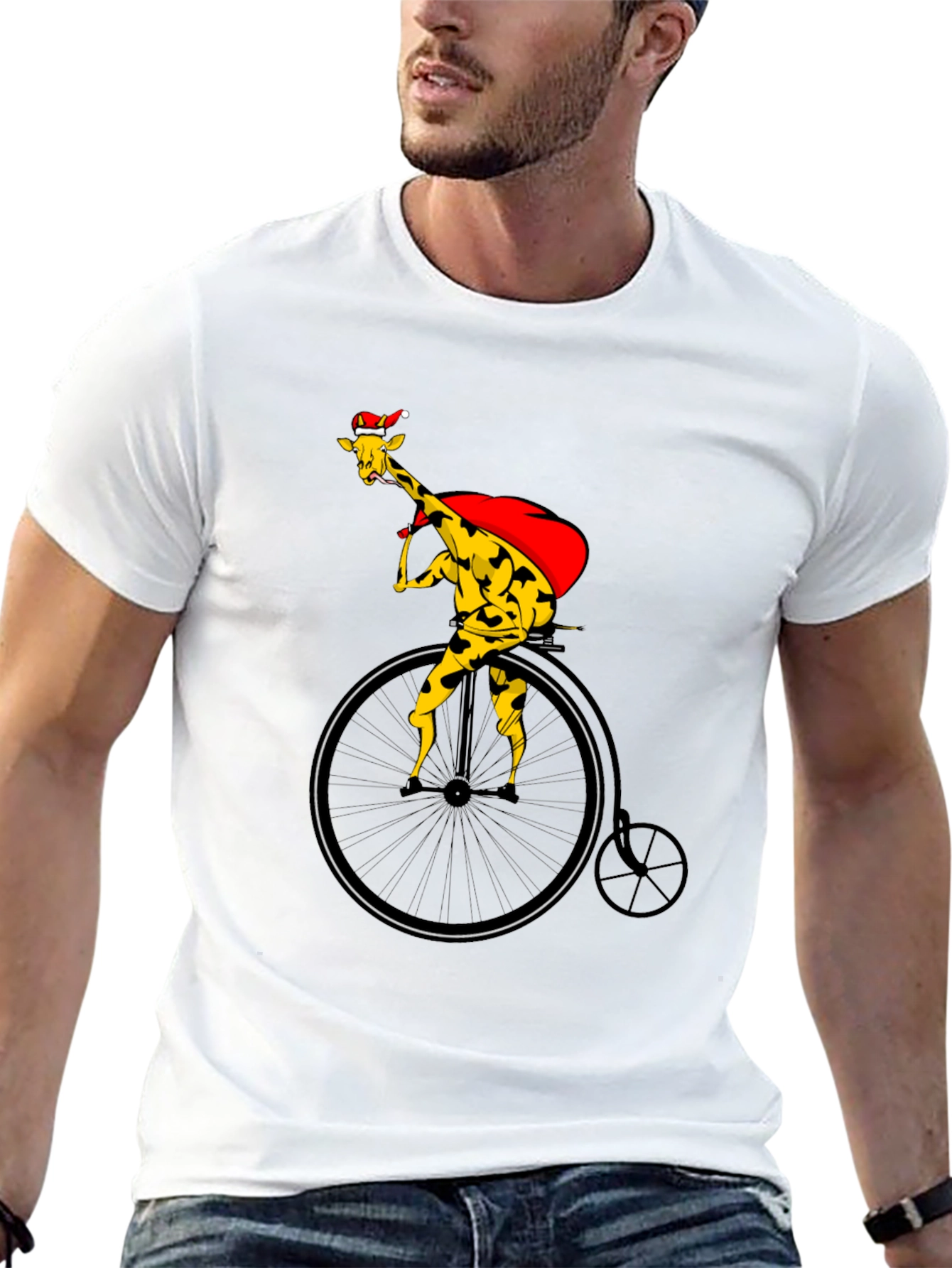 Giraffe Santa on Bike Graphic Tee - Black