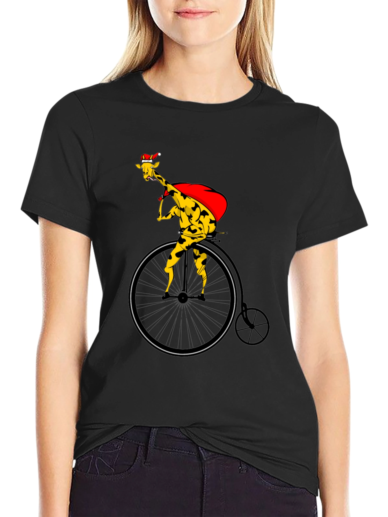 Giraffe Santa on Bike Graphic Tee - Black