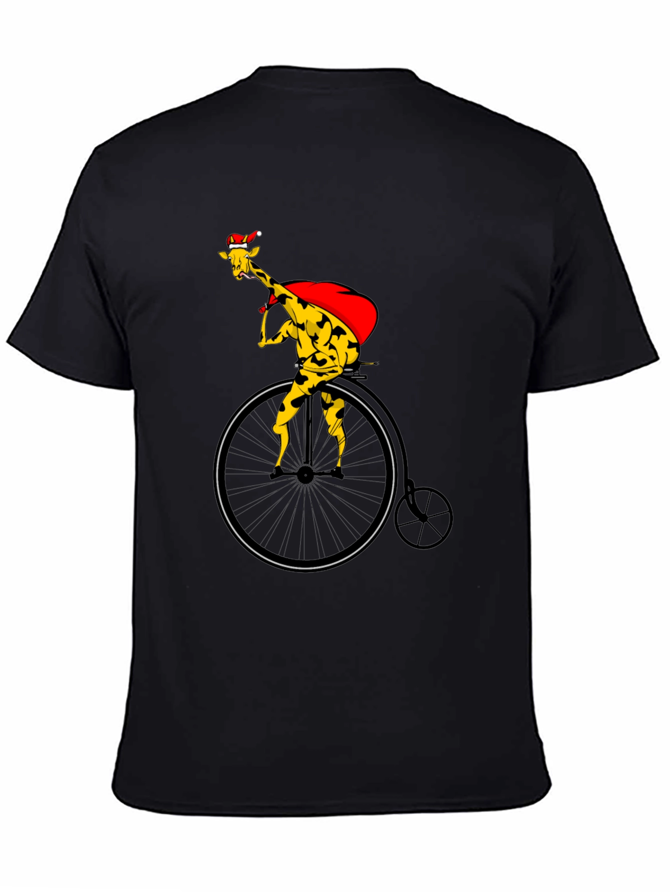 Giraffe Santa on Bike Graphic Tee - Black