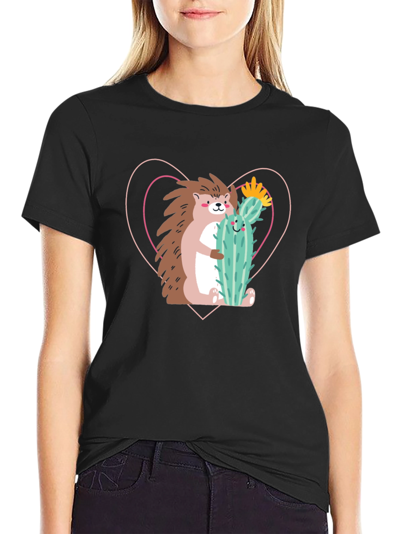 Hedgehog Hug Cactus T-Shirt - Unisex Crew Neck