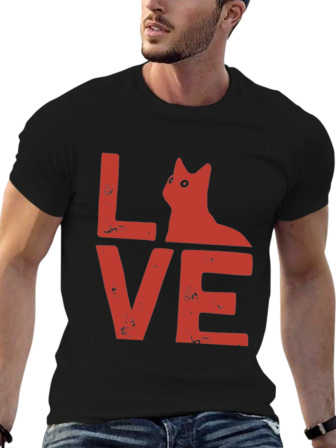 Love Cat Graphic Tee - Soft Black Cotton T-Shirt