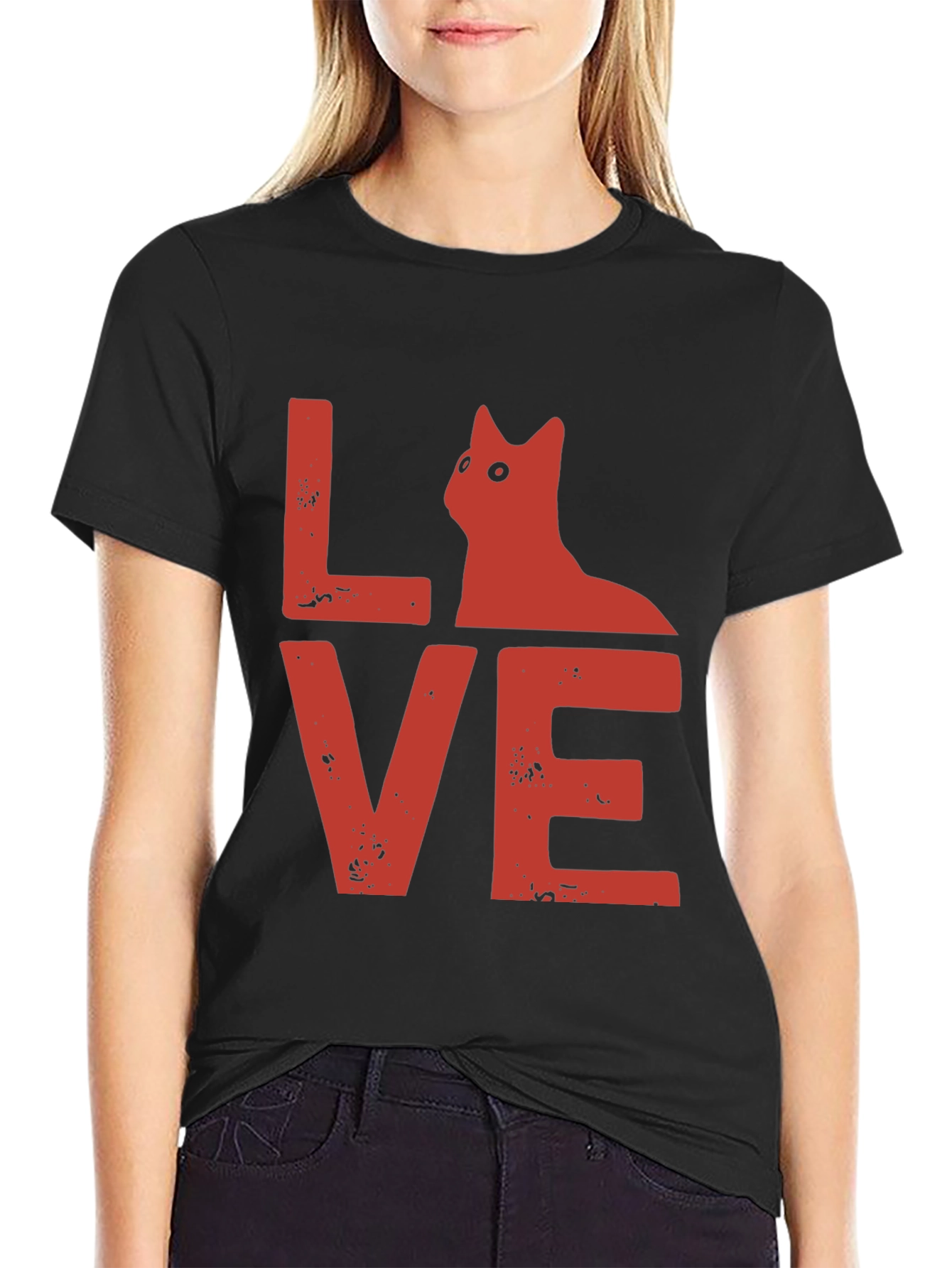 Love Cat Graphic Tee - Soft Black Cotton T-Shirt