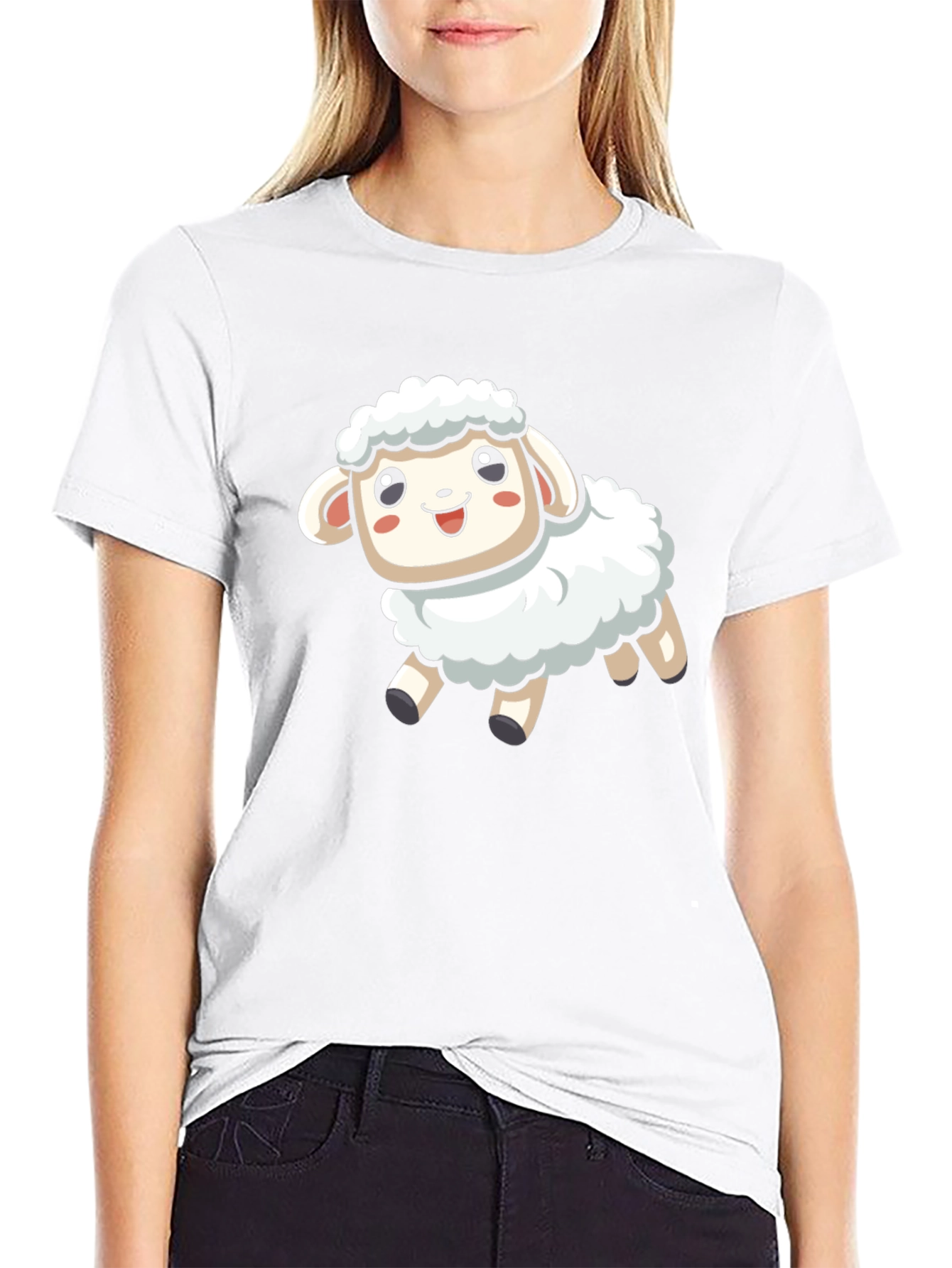 Cute Cartoon Sheep T-Shirt - Black Cotton Blend