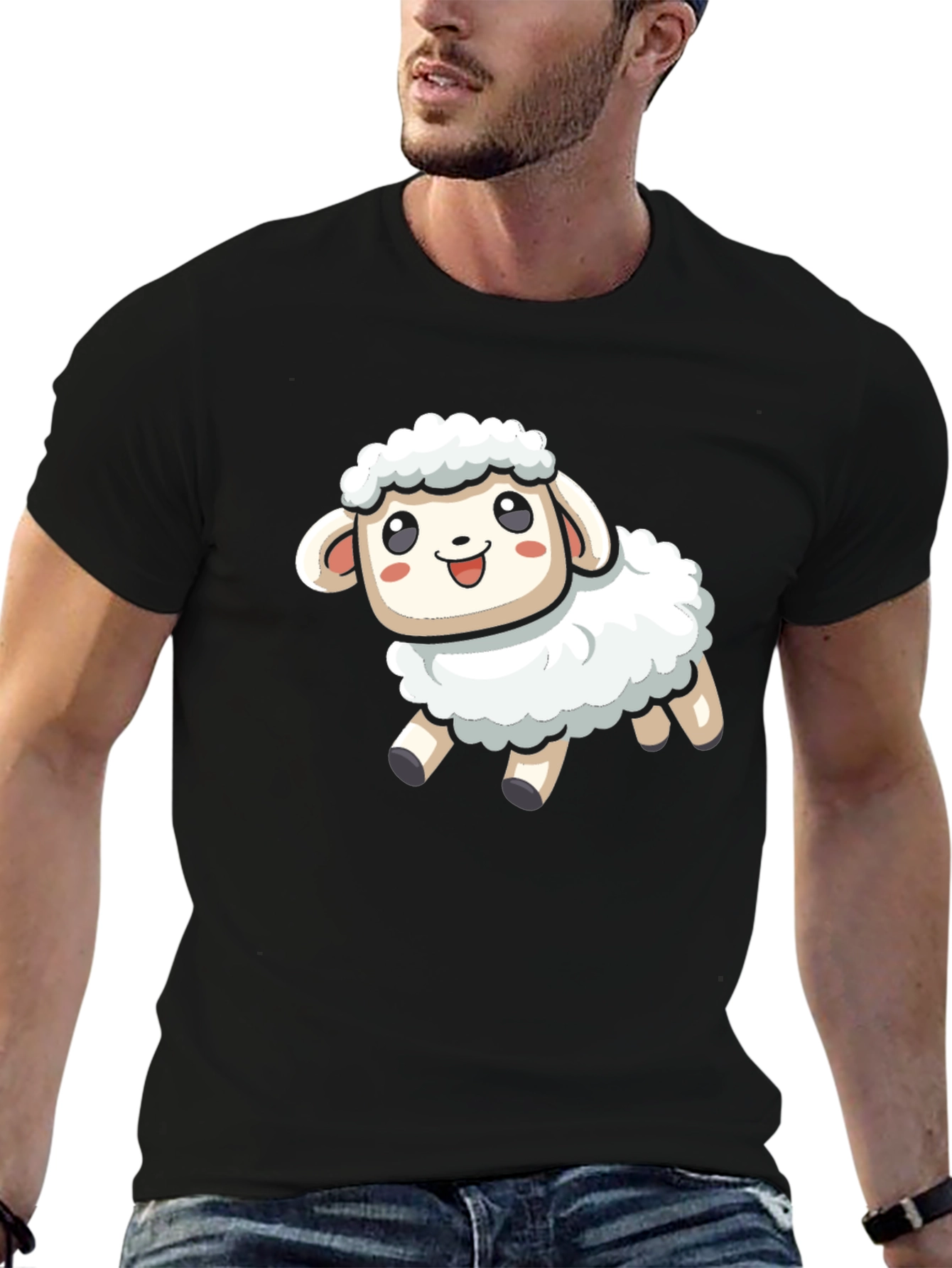 Cute Cartoon Sheep T-Shirt - Black Cotton Blend