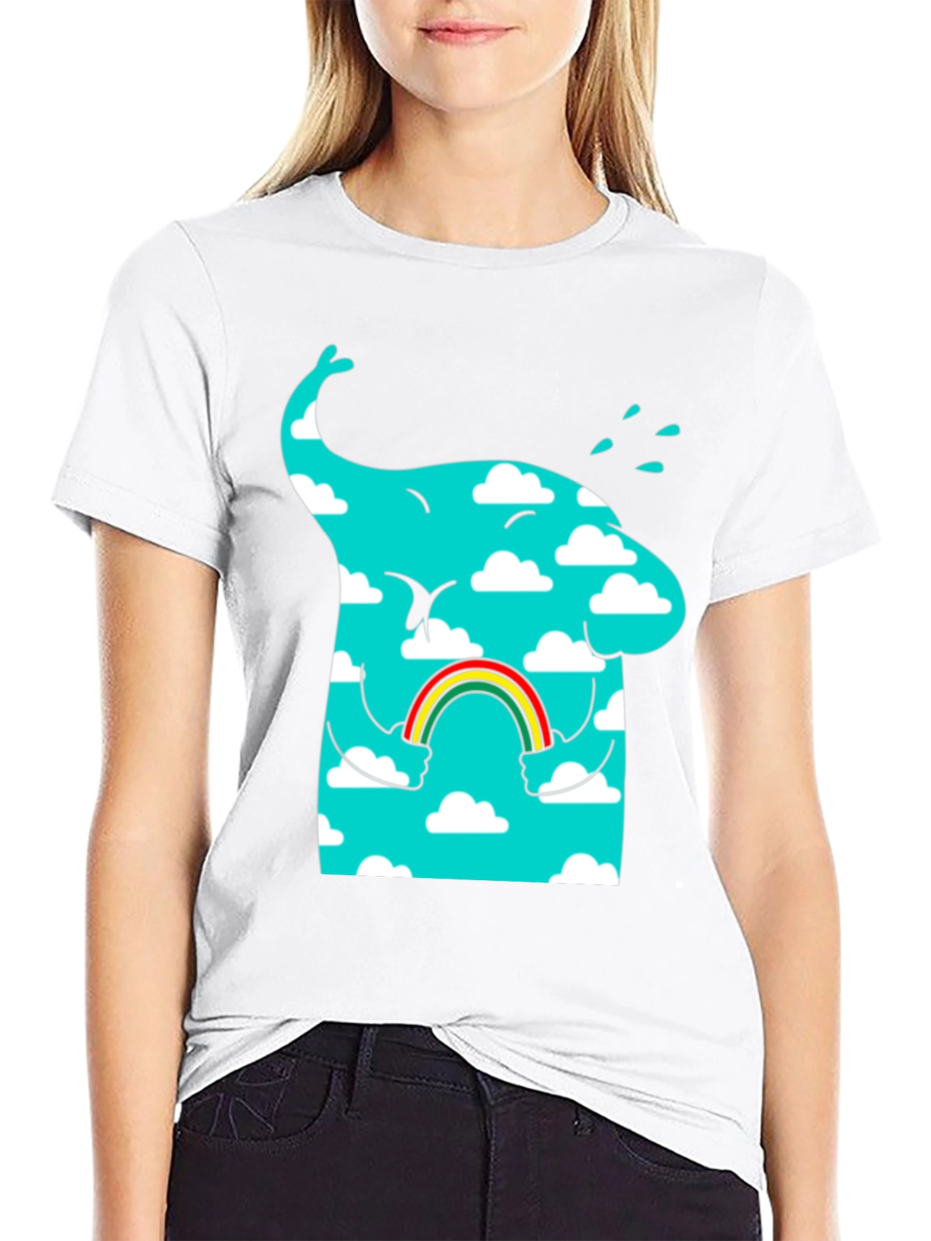Cloudy Elephant Rainbow T-Shirt - Whimsical Graphic Tee