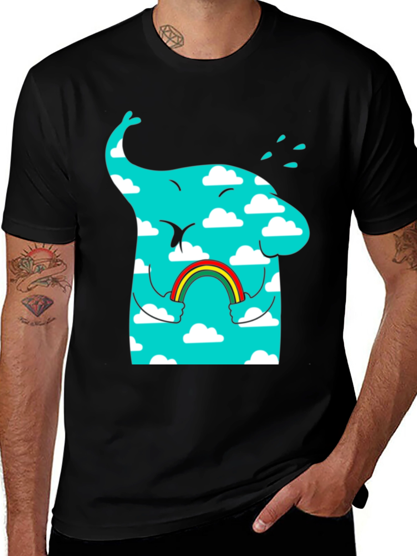 Cloudy Elephant Rainbow T-Shirt - Whimsical Graphic Tee