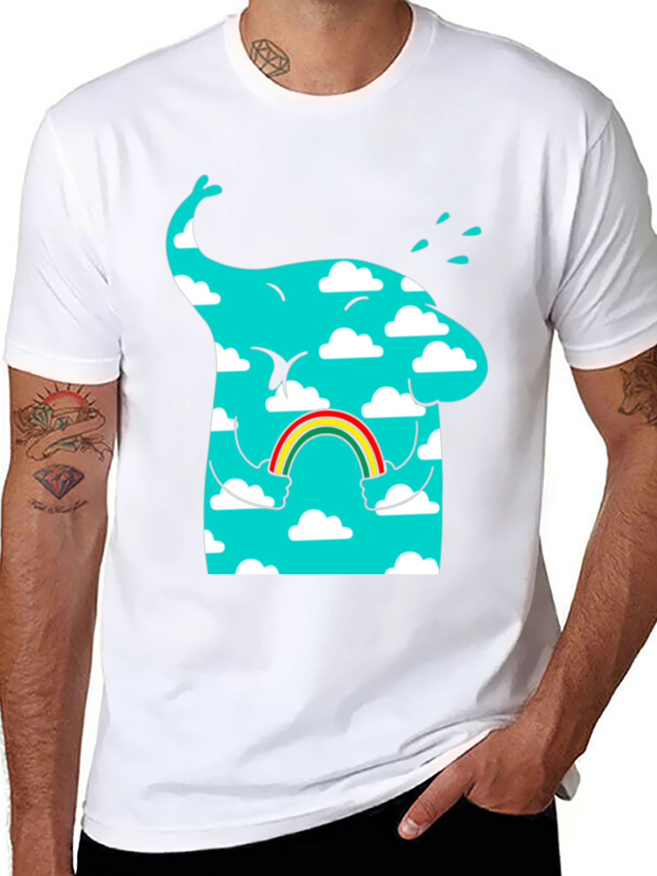 Cloudy Elephant Rainbow T-Shirt - Whimsical Graphic Tee