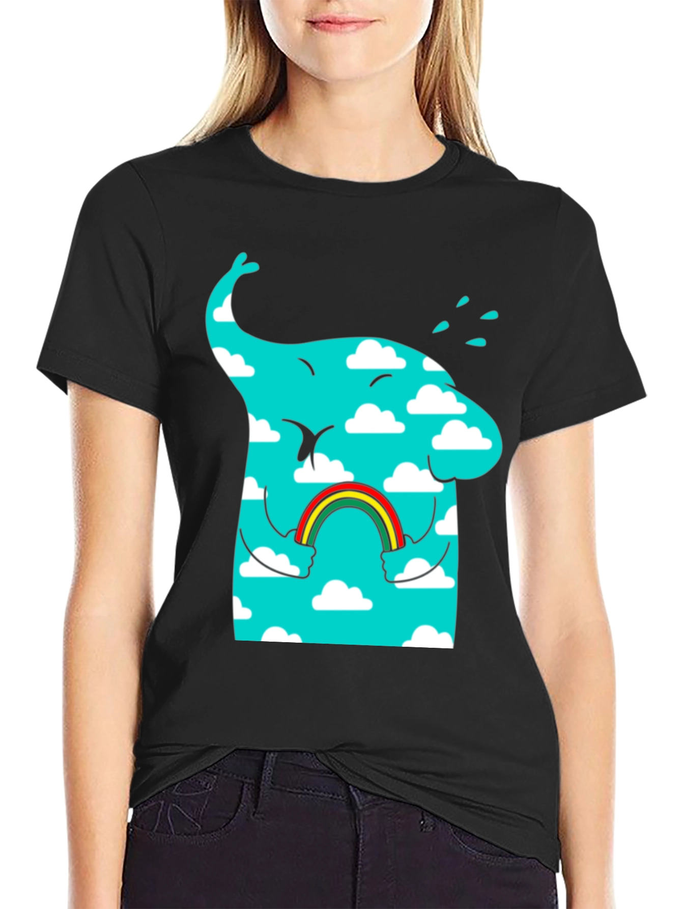 Cloudy Elephant Rainbow T-Shirt - Whimsical Graphic Tee