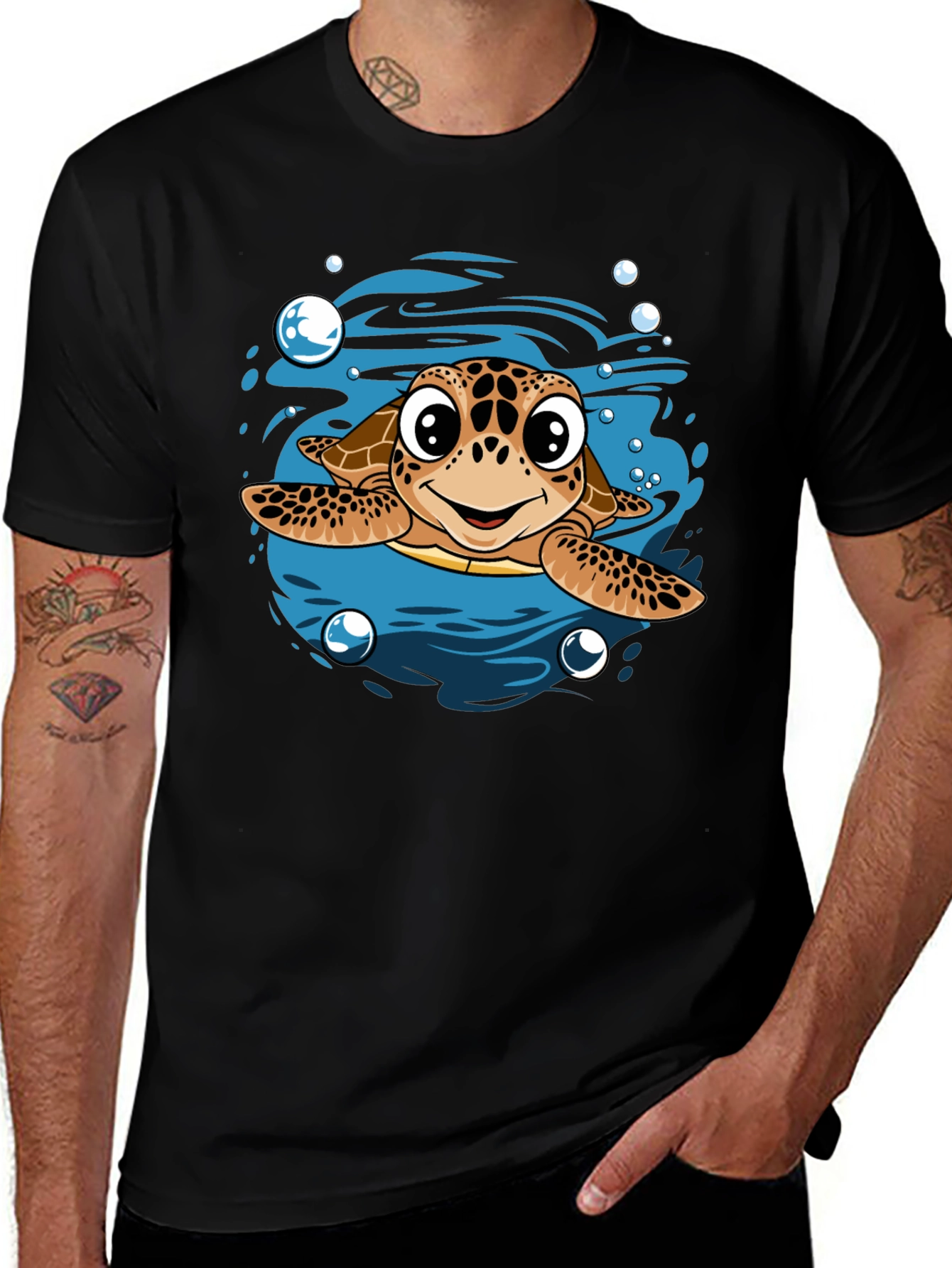 Cartoon Sea Turtle T-Shirt - Mens Black Tee