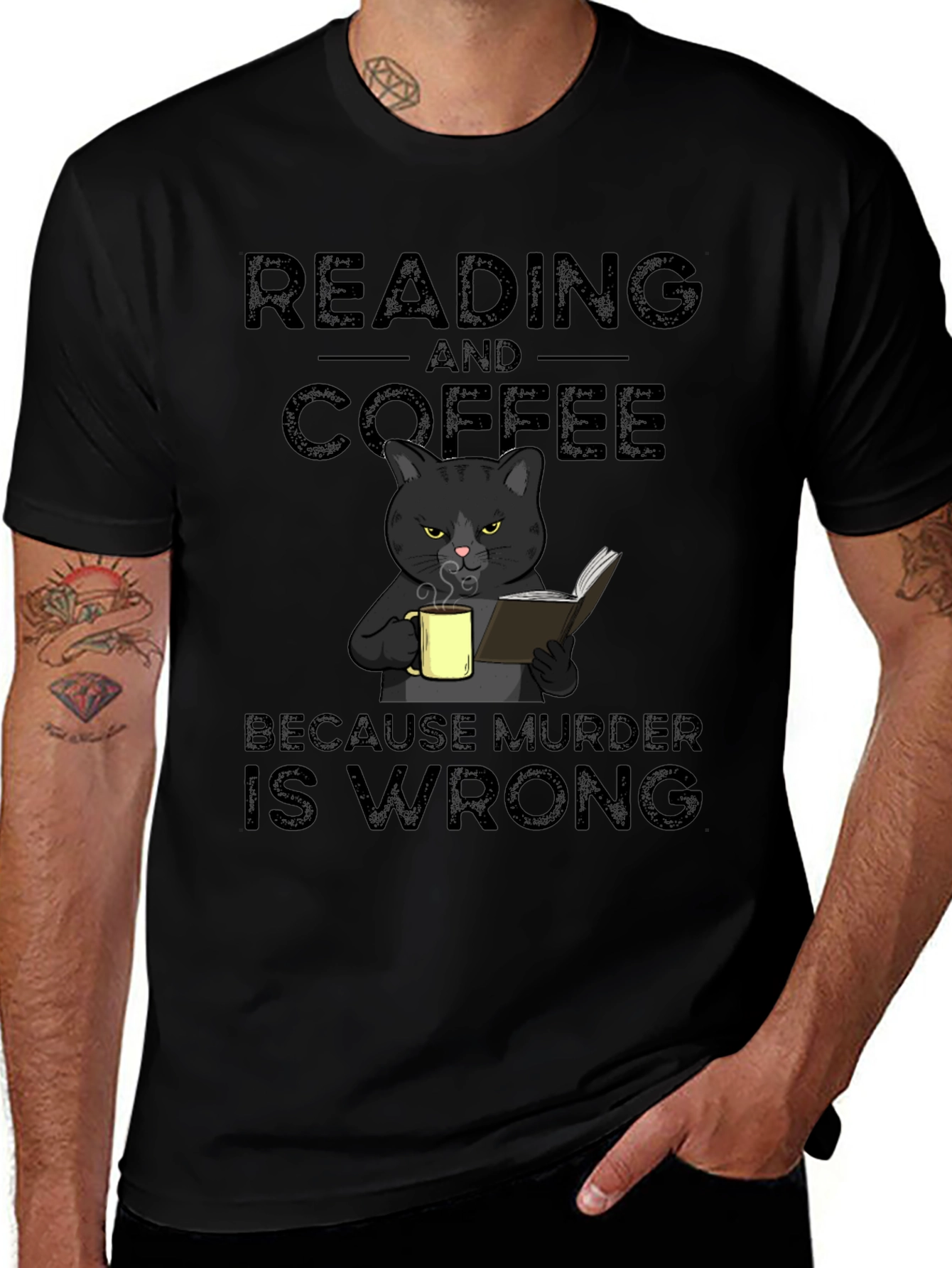 Reading and Coffee Cat Graphic T-Shirt