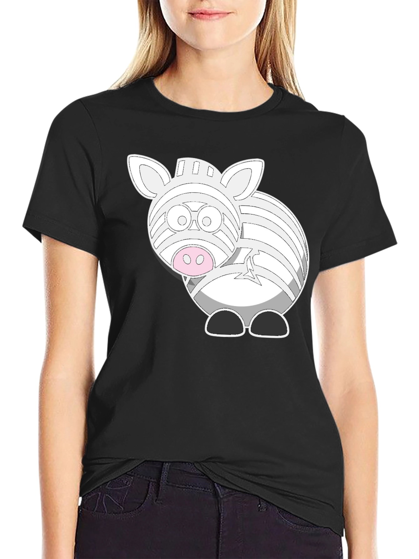 Zebra Cartoon Graphic T-Shirt - Black