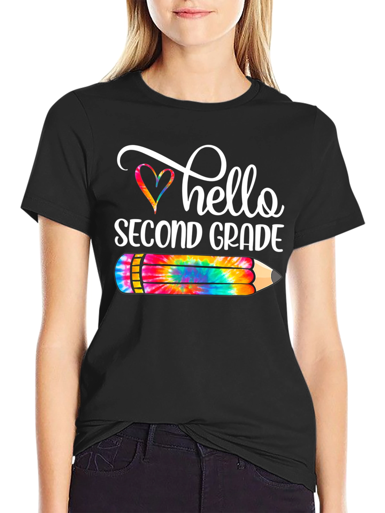 Hello Second Grade Tie Dye Pencil T-Shirt