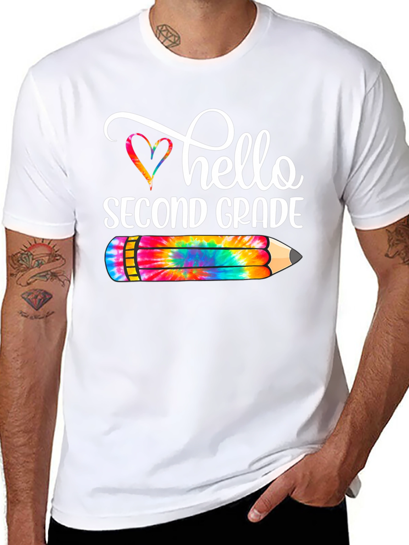 Hello Second Grade Tie Dye Pencil T-Shirt