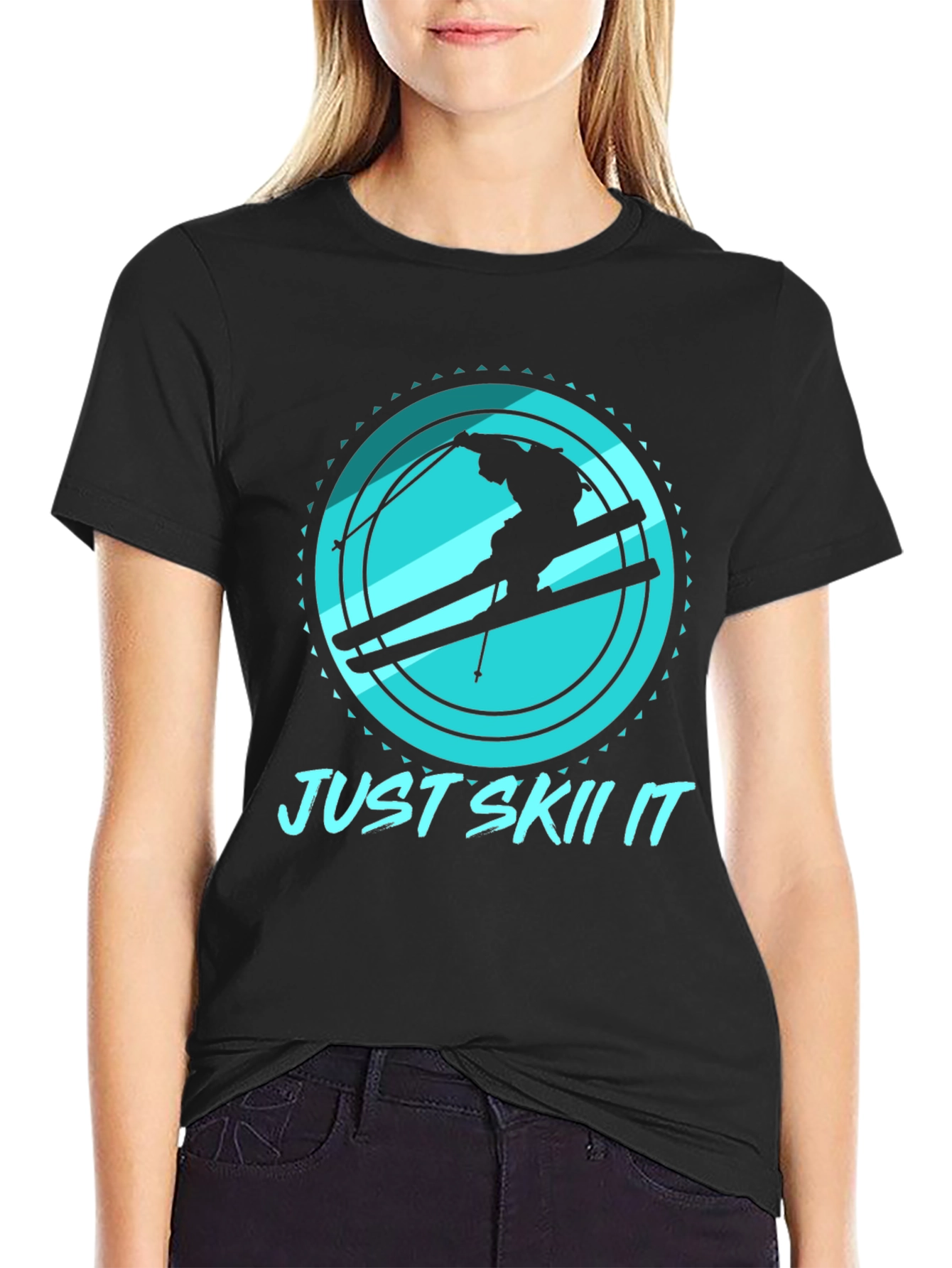 Just Skii It Black Tee - Skiing Silhouette Design