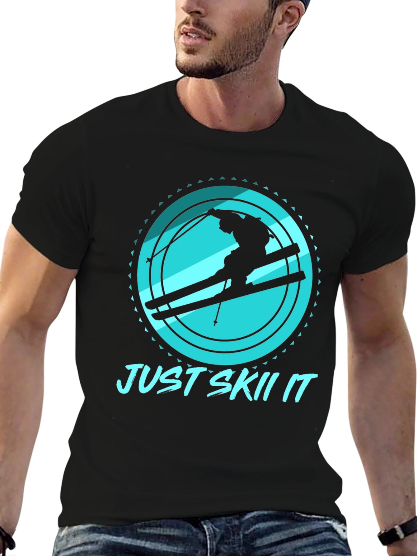 Just Skii It Black Tee - Skiing Silhouette Design