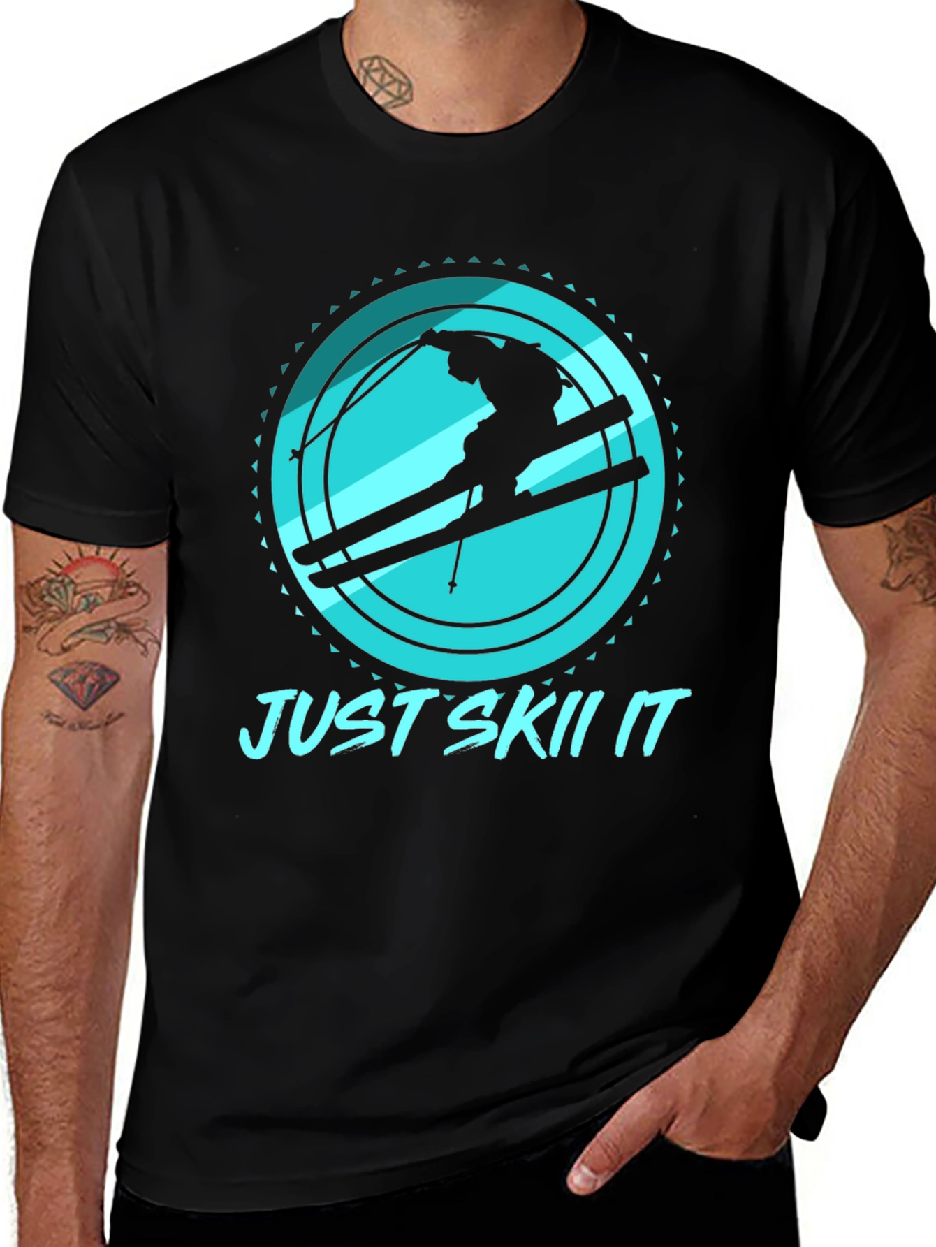 Just Skii It Black Tee - Skiing Silhouette Design