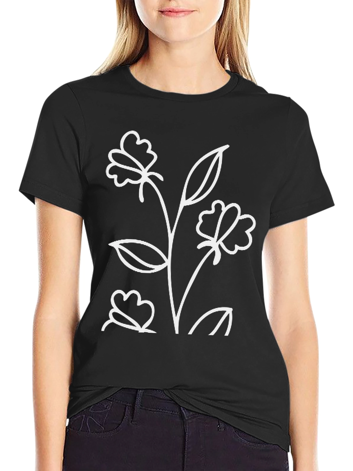Minimalist Flower Graphic Black T-Shirt