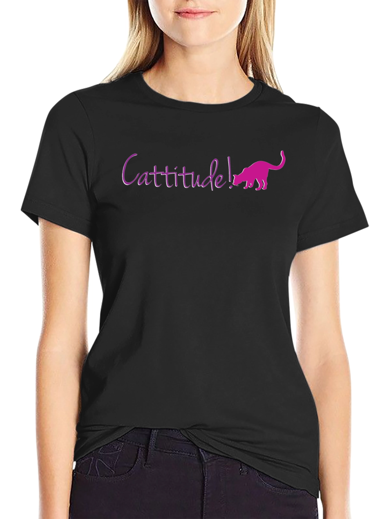 Cattitude Black Cotton Blend Graphic Tee