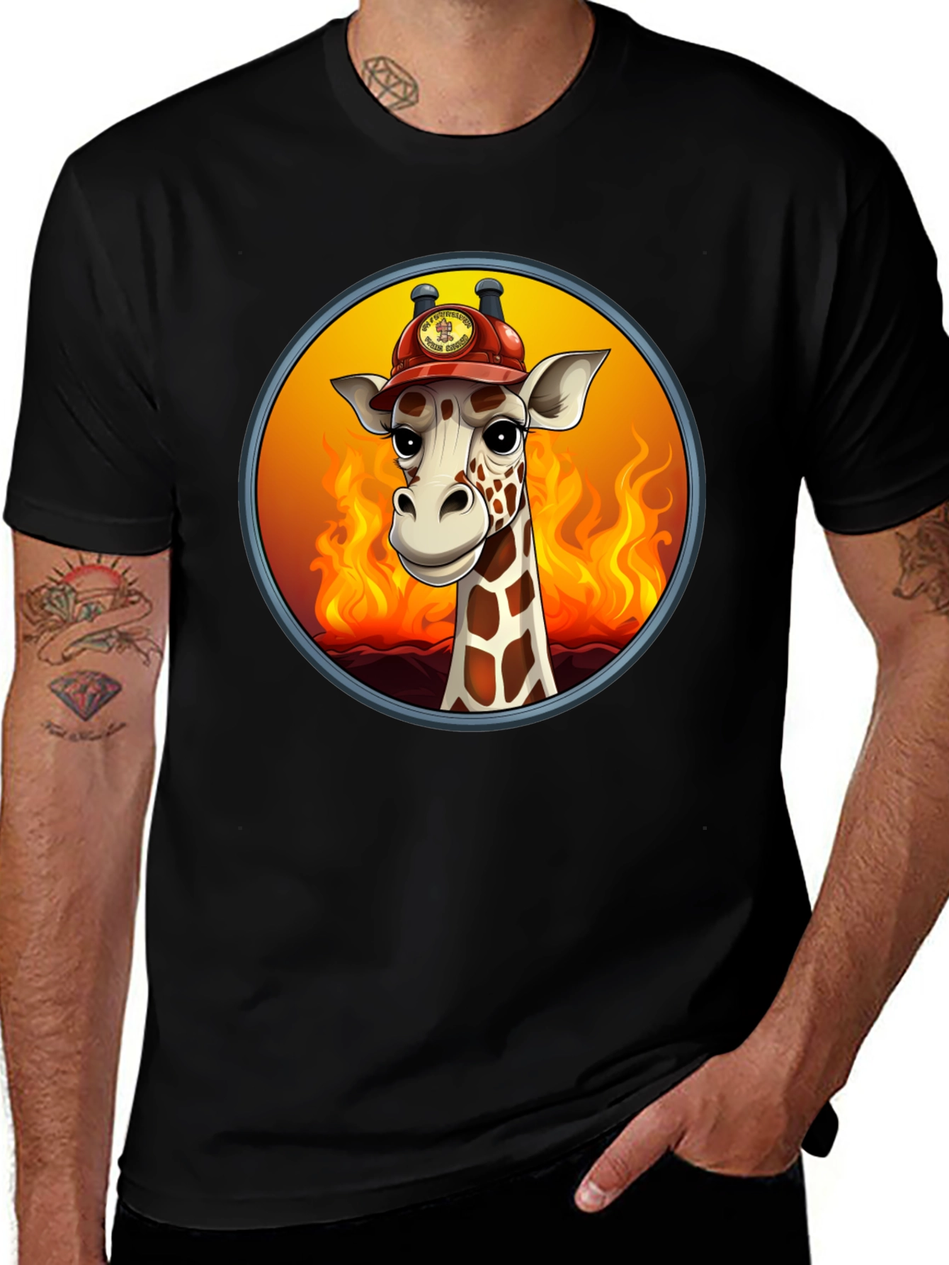 Giraffe Firefighter T-Shirt - Cartoon Animal Tee