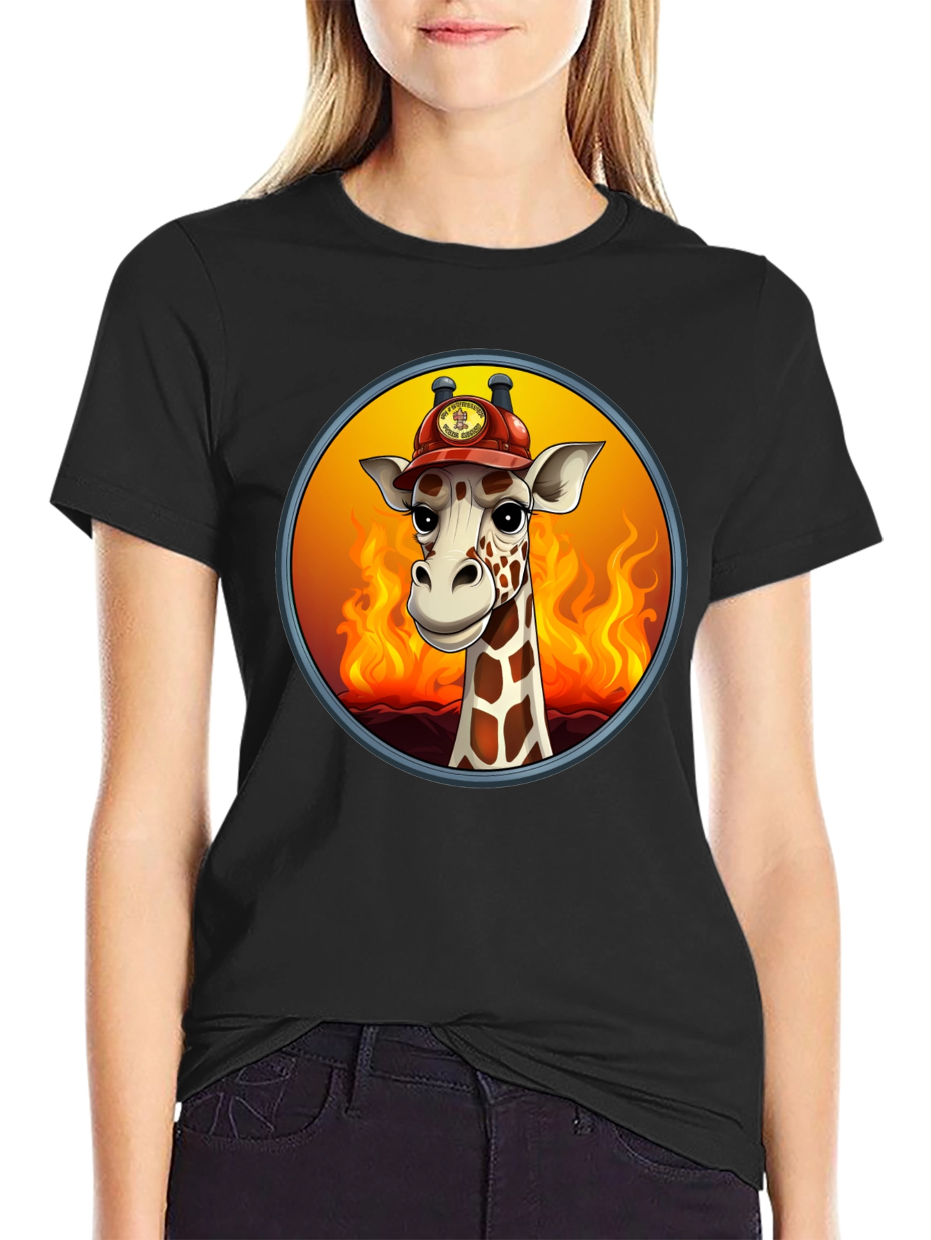 Giraffe Firefighter T-Shirt - Cartoon Animal Tee